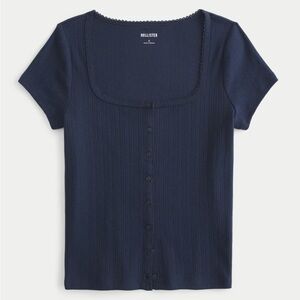 NWOT Hollister Navy Button-Down Pointelle Short-Sleeve Top size Medium